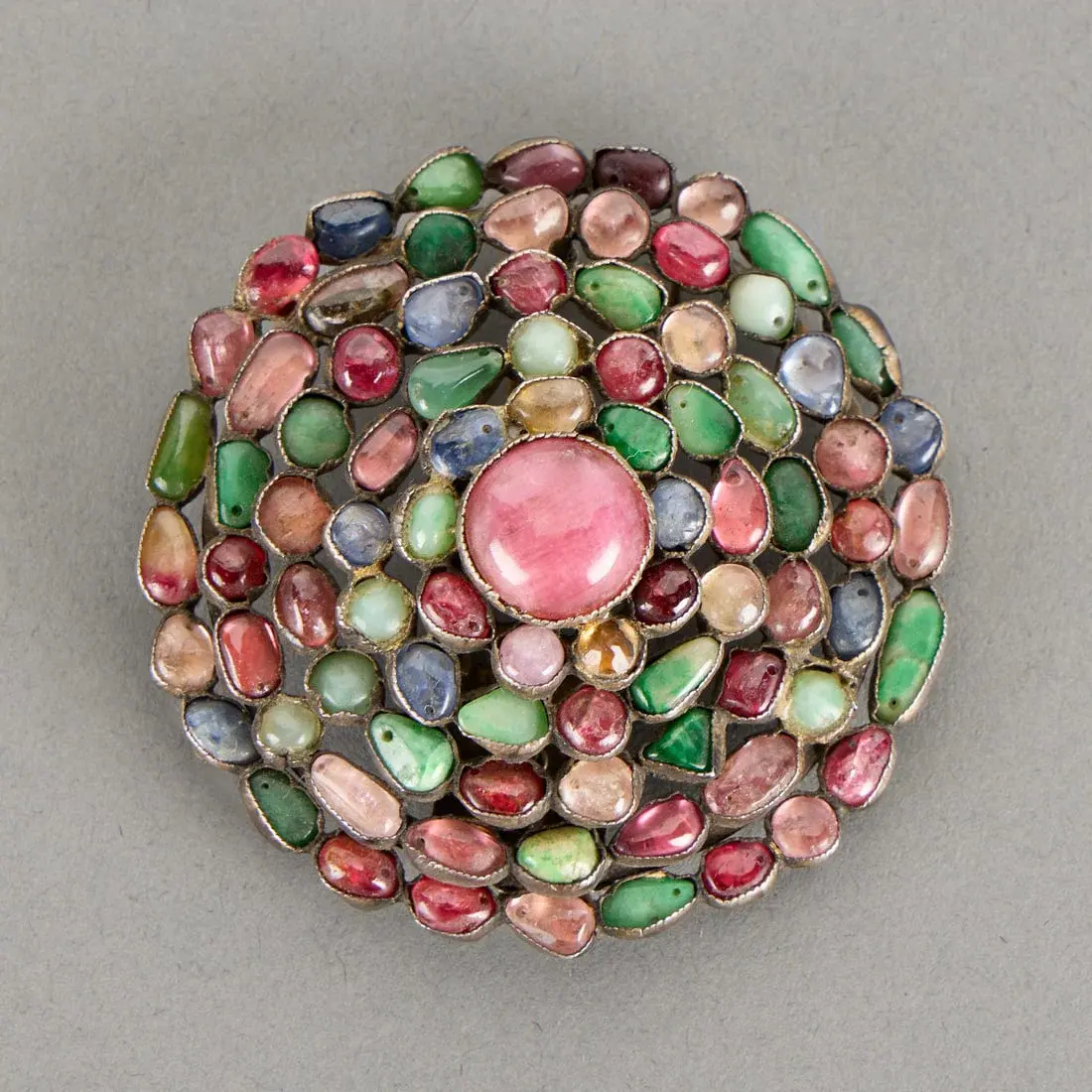 Chinese Silver, Jade, & Semi-Precious Stone Brooch