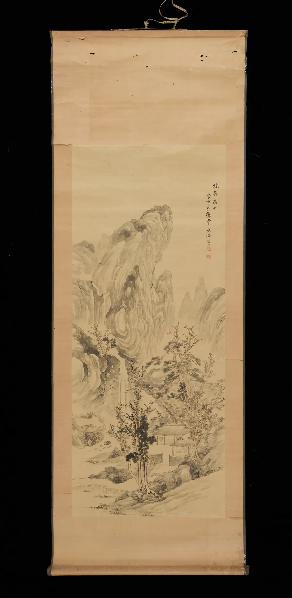 Chinese Qing Scholar & Mountains Scroll Painting