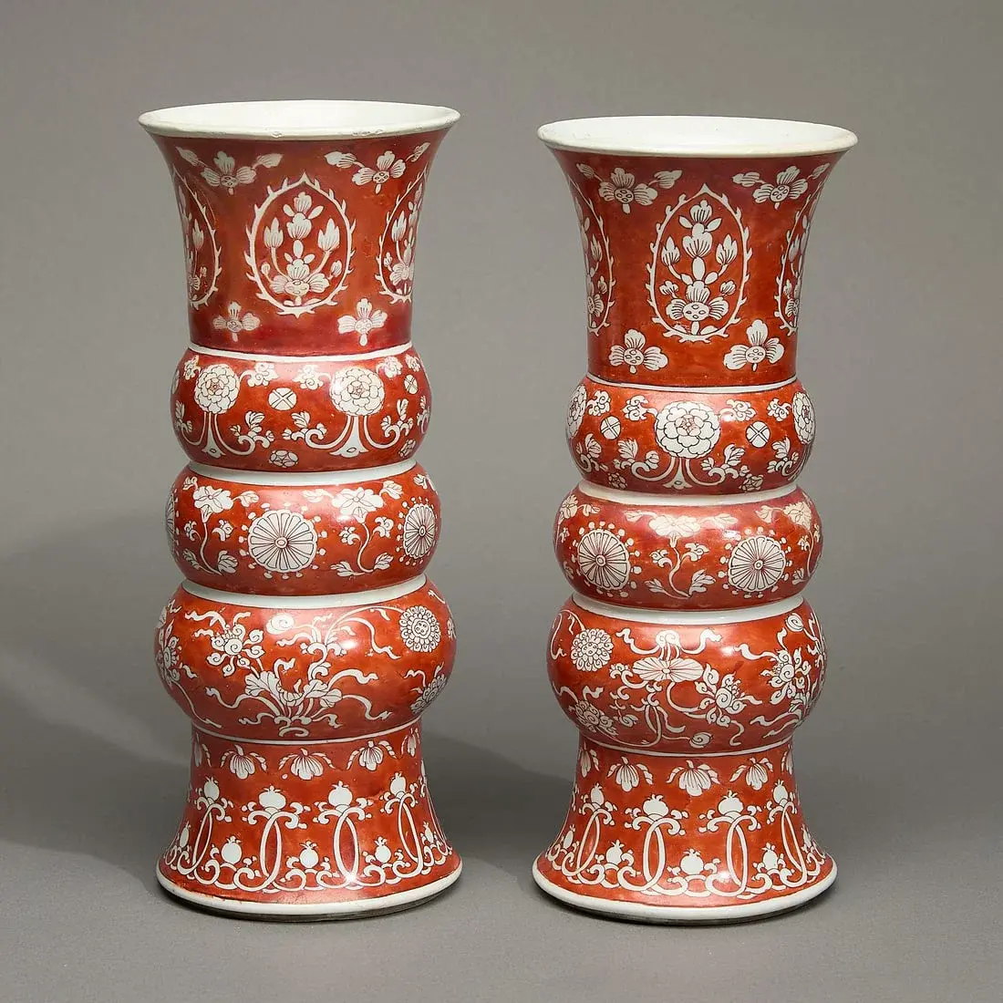 Pair Iron-Red Triple-Gourd Beaker Vases