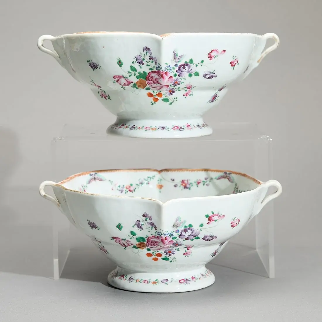 Pair Tea Tester Famille Rose Handled Footed Bowls