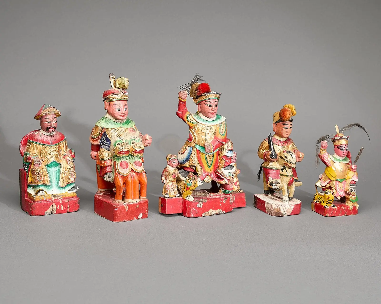 5 Chinese Carved Polychrome Wood Figures
