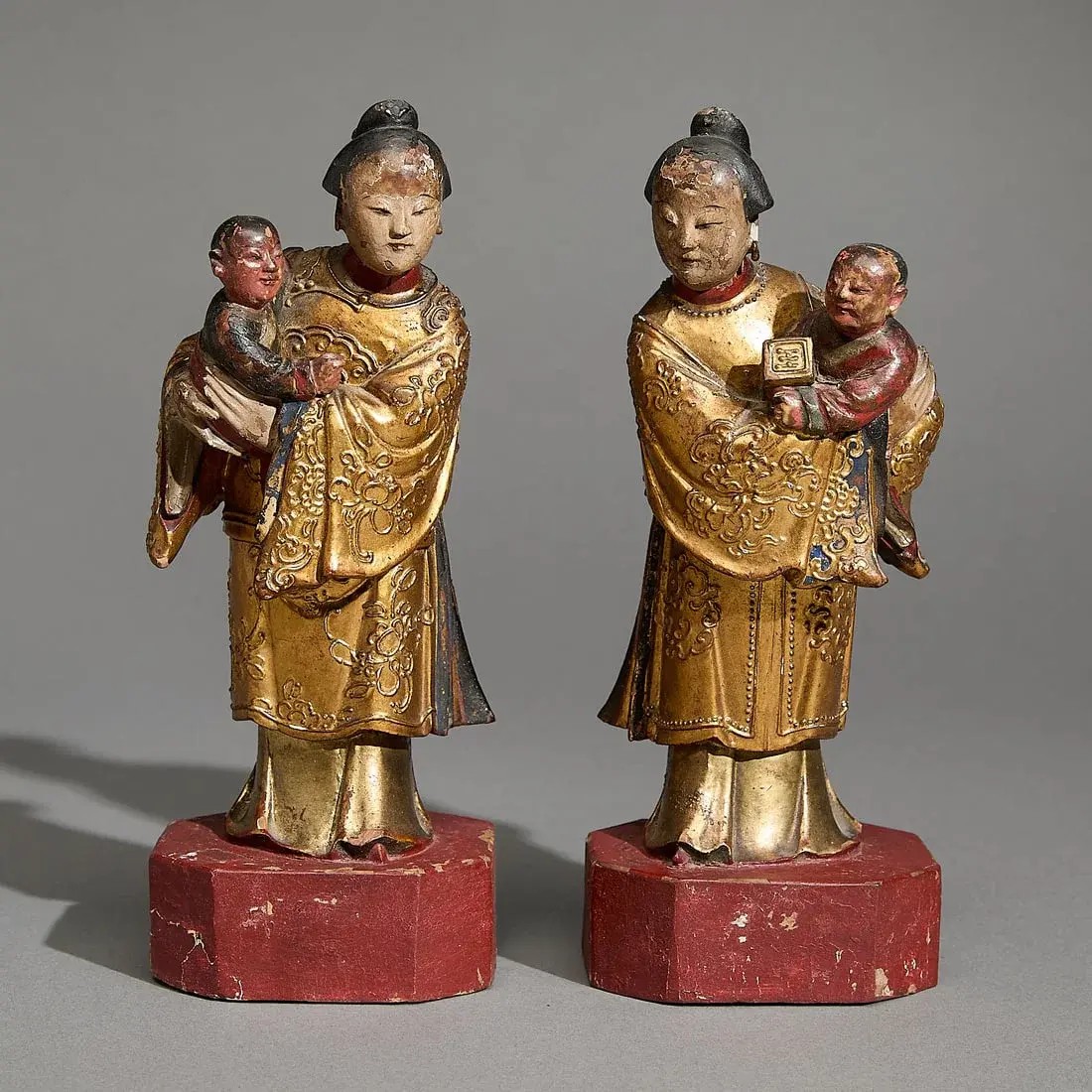 Pr Chinese Qing Wooden Female Shrine Statuettes