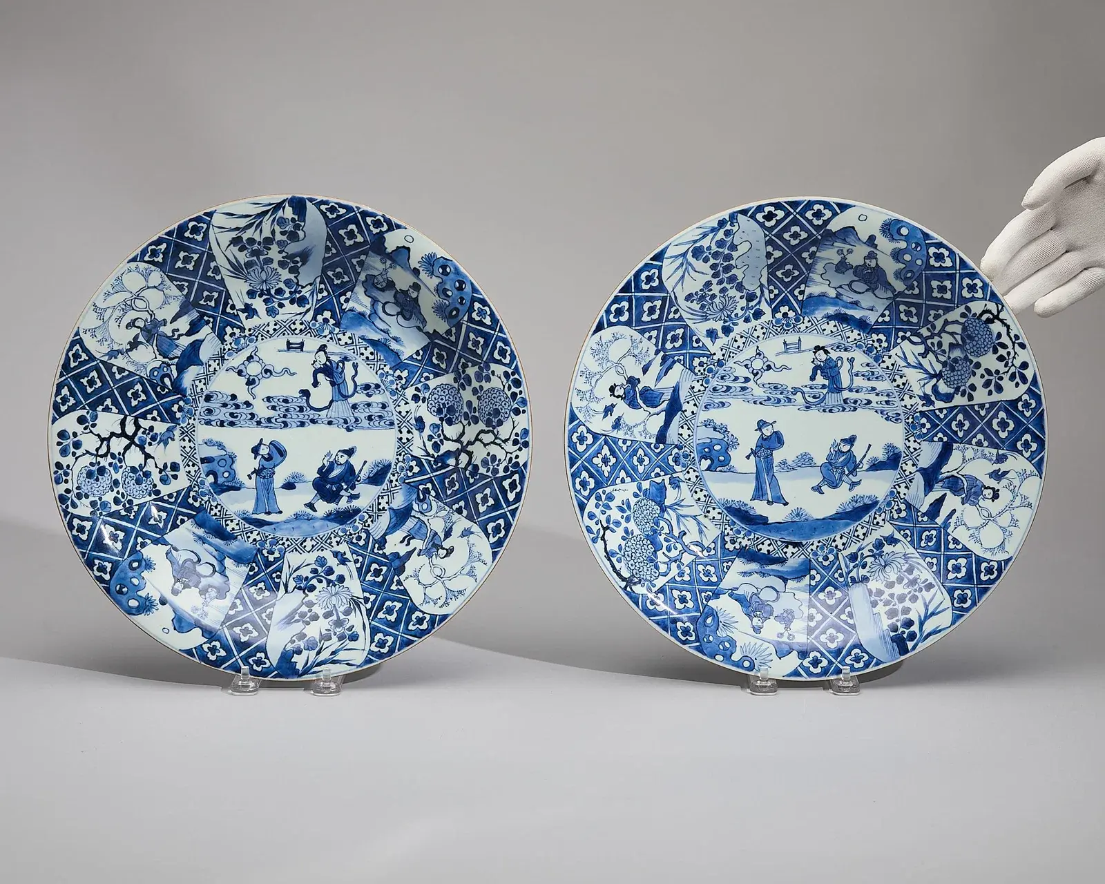 Large Pair Blue & White Paneled Dishes
