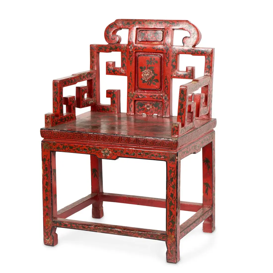 Chinese Red Lacquered Floral & Landscape Armchair