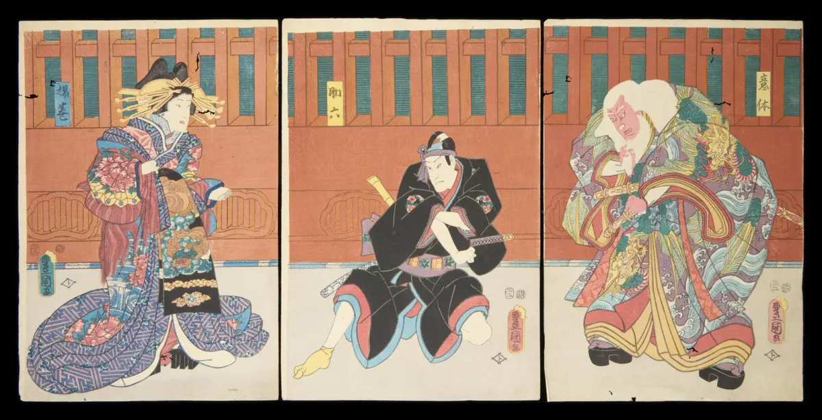 Kunisada/Toyokuni III Kabuki Scene Triptych Print