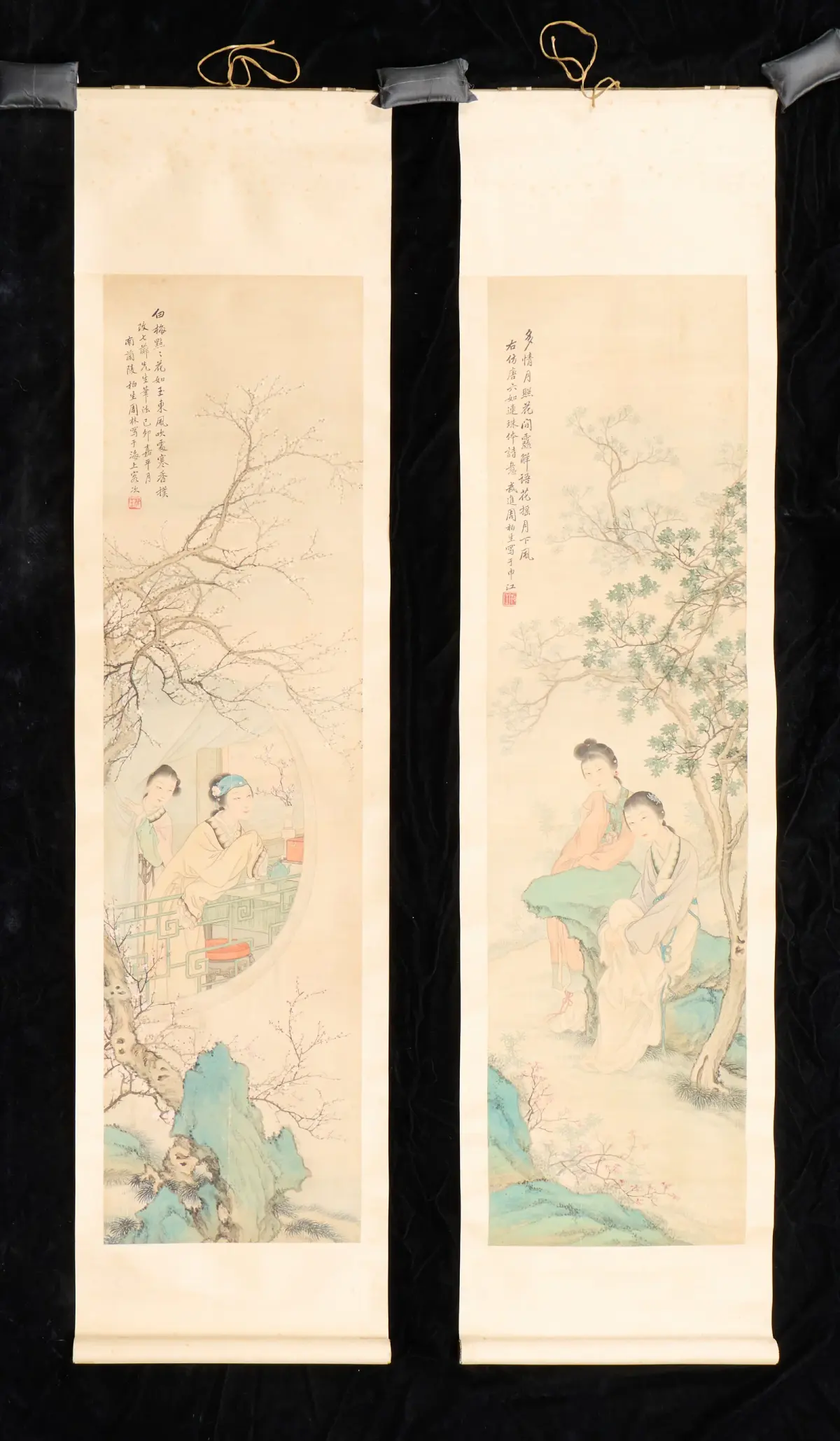 2 Chinese Shinu Tu Court Ladies Scroll Paintings