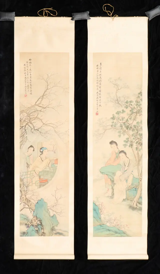 2 Chinese Shinu Tu Court Ladies Scroll Paintings