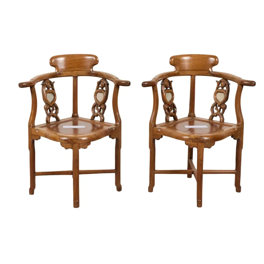 Pr Chinese Qing Huanghuali Corner Chairs w/ Marble