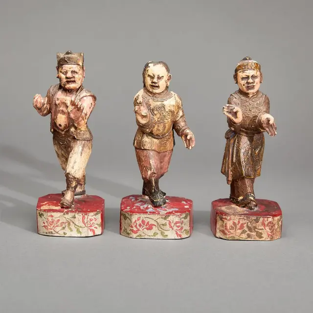 3 Chinese Carved Polychrome Folk Art Figurines