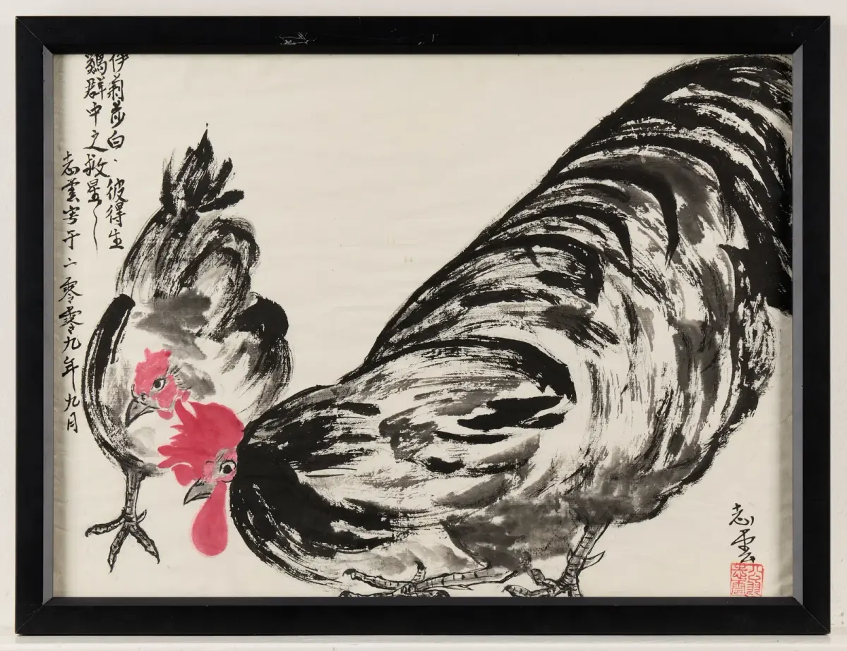 Chinese Hen & Rooster Ink Painting