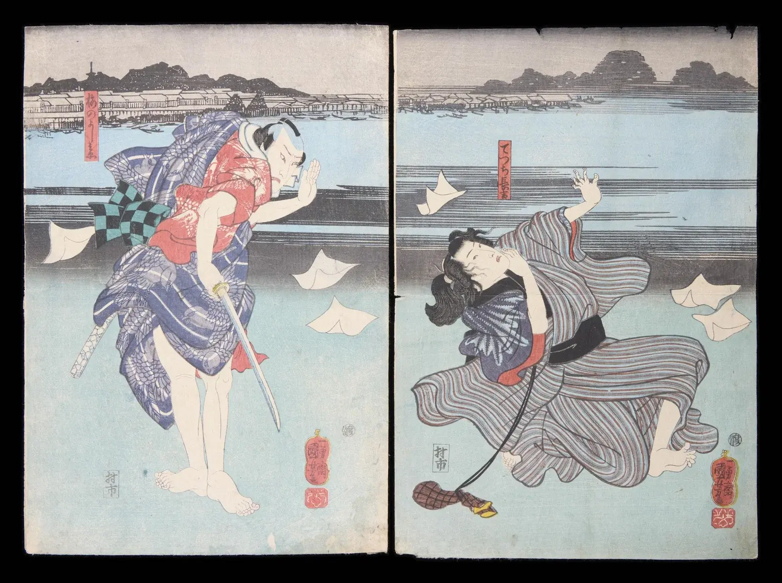 2 Kuniyoshi "Yoshibei" Kabuki Woodblock Prints