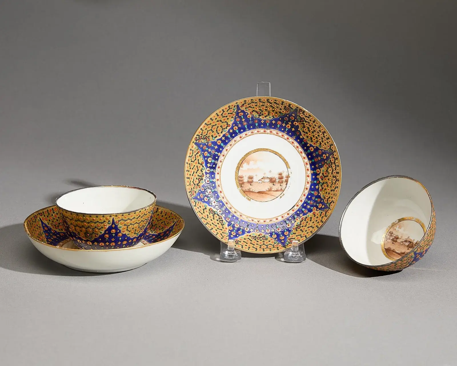 Pr Unusual Export Jeweled Tea Bowls & Saucers