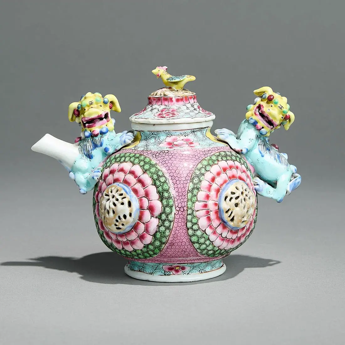 Famille Rose Buddhist Lion Teapot