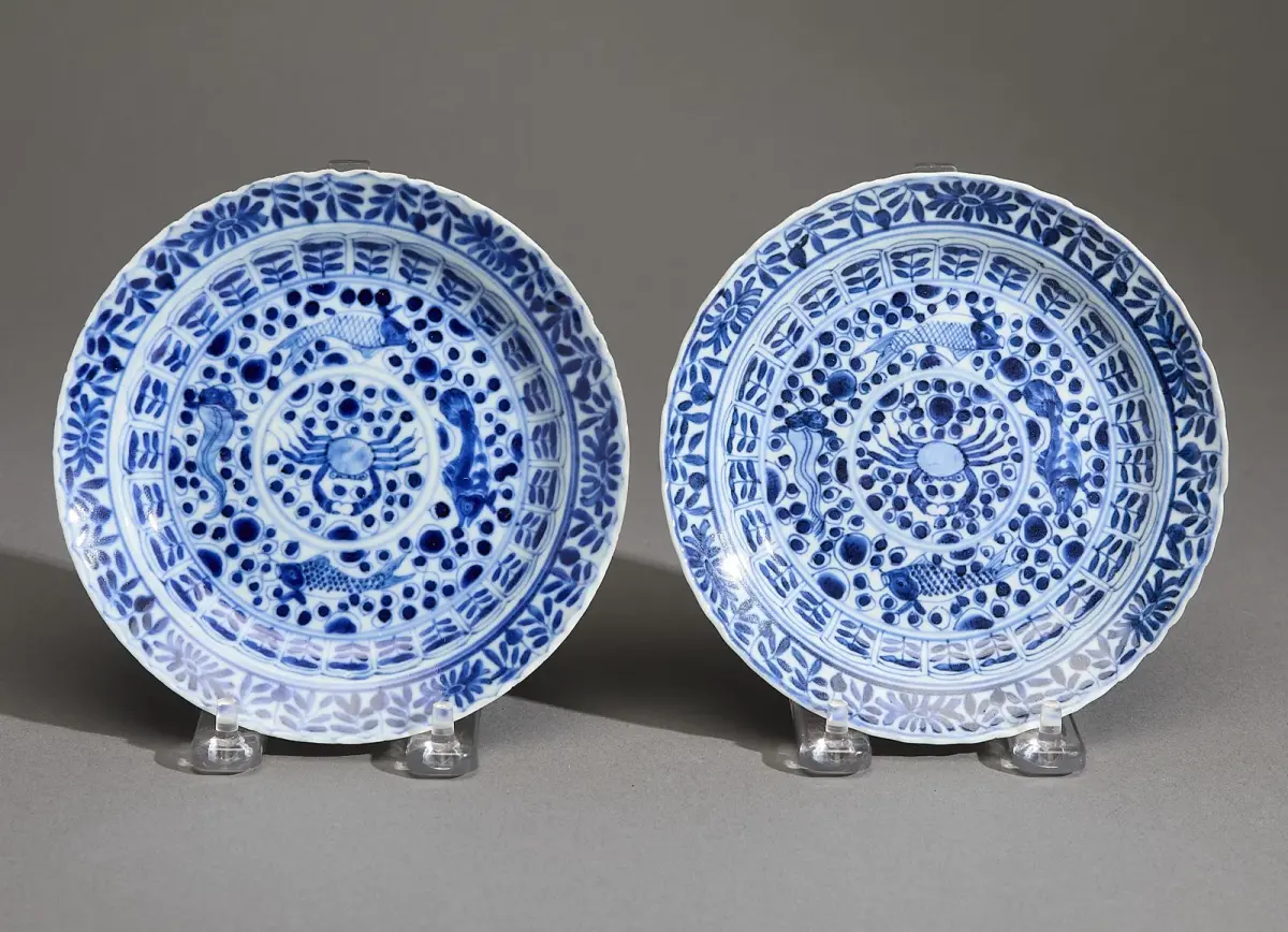 Pr Chinese Kangxi Porcelain Sea Creature Plates
