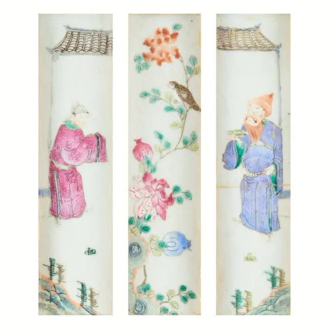 3 Chinese Qing Famille Rose Porcelain Plaques