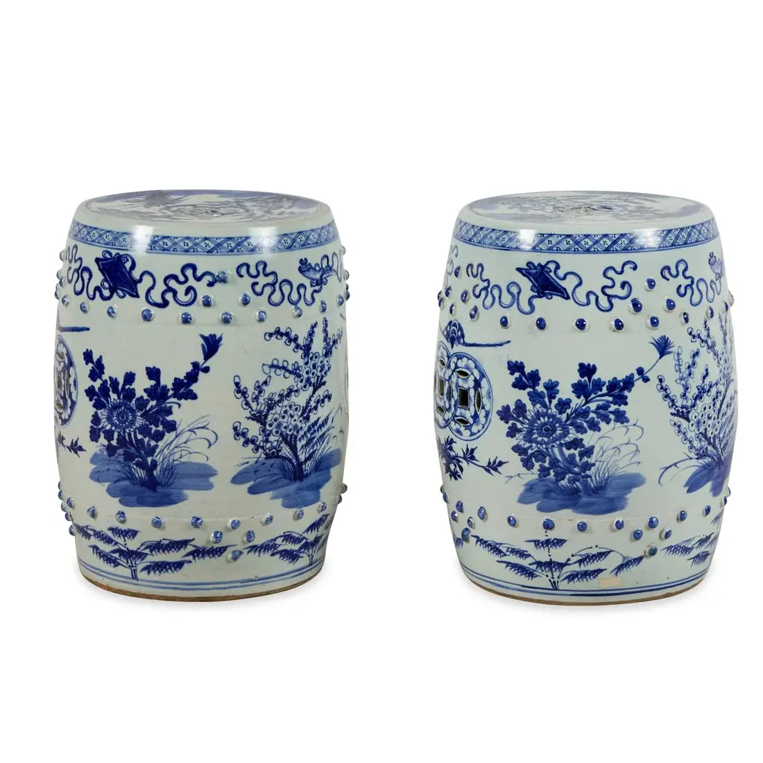 Pr Chinese B&W Porcelain Floral Garden Stools