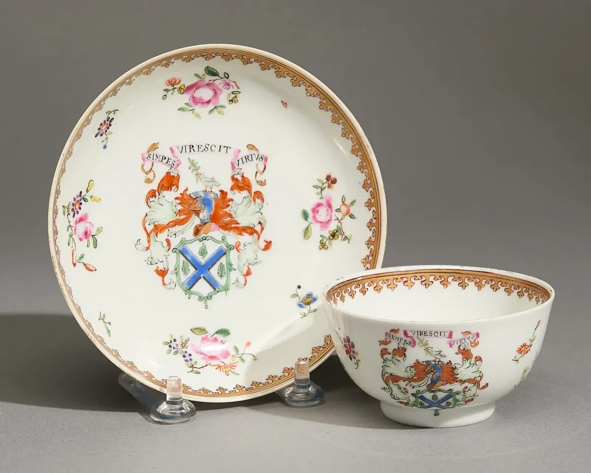 Famille Rose Armorial Tea Bowl & Saucer - Marshall