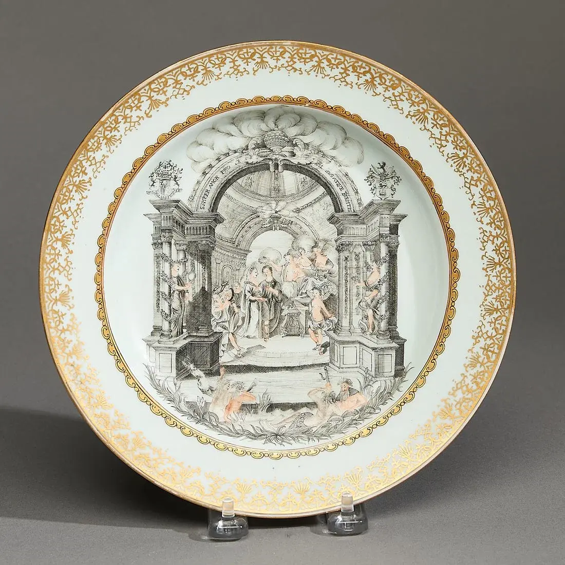Dutch Market Grisaille Armorial Marriage Plate