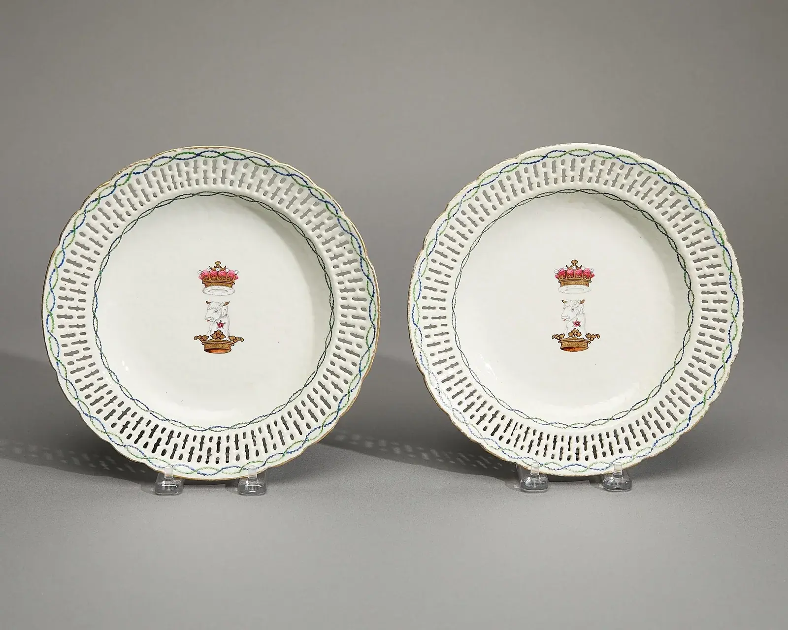 Pair Crested Plates w/ Reticulated Rims - Fane