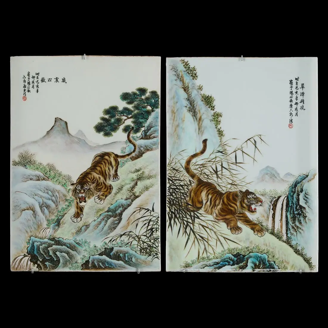 Pr Chinese Qing Porcelain Plaques of Tigers