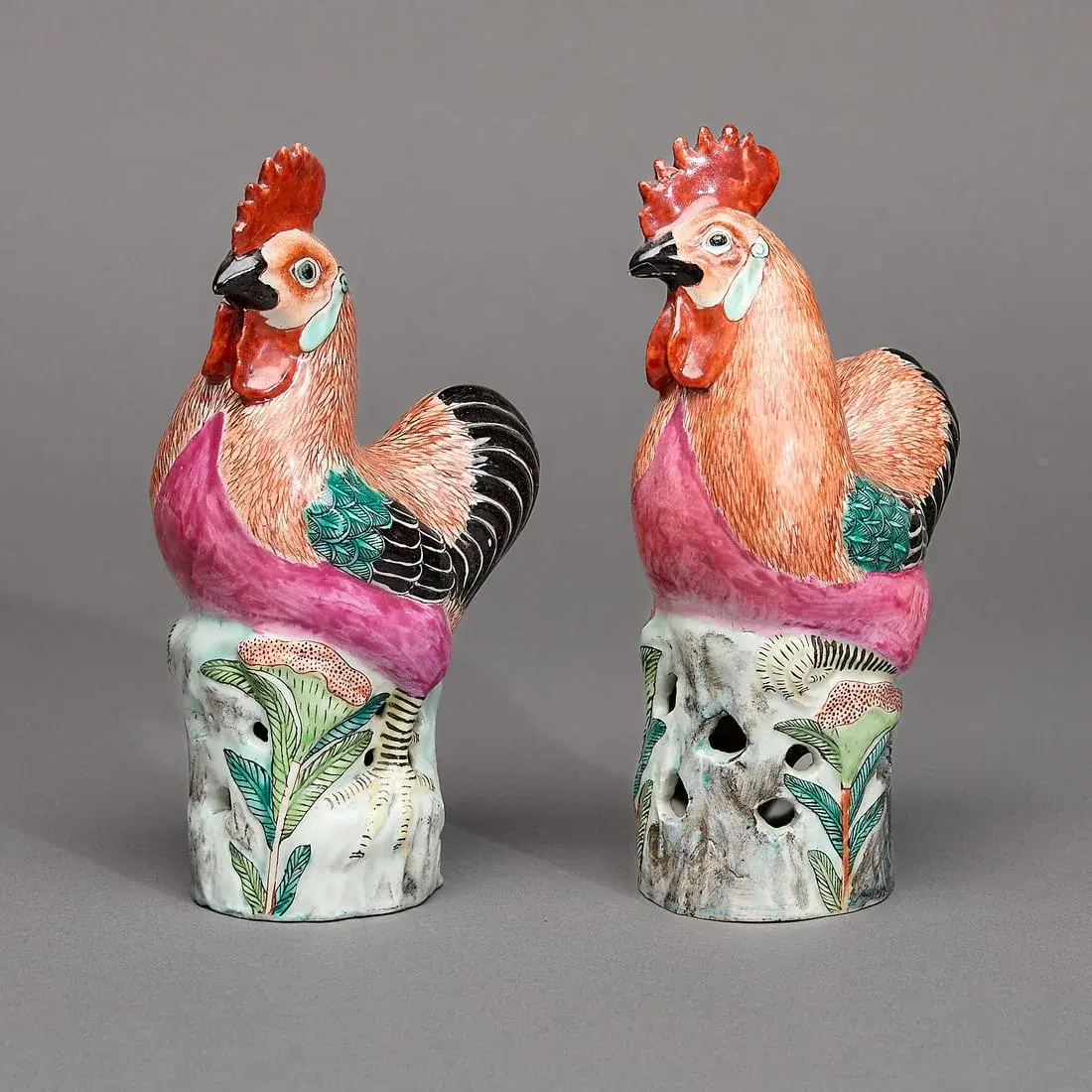 Pair Small Chinese Export Rooster Figures