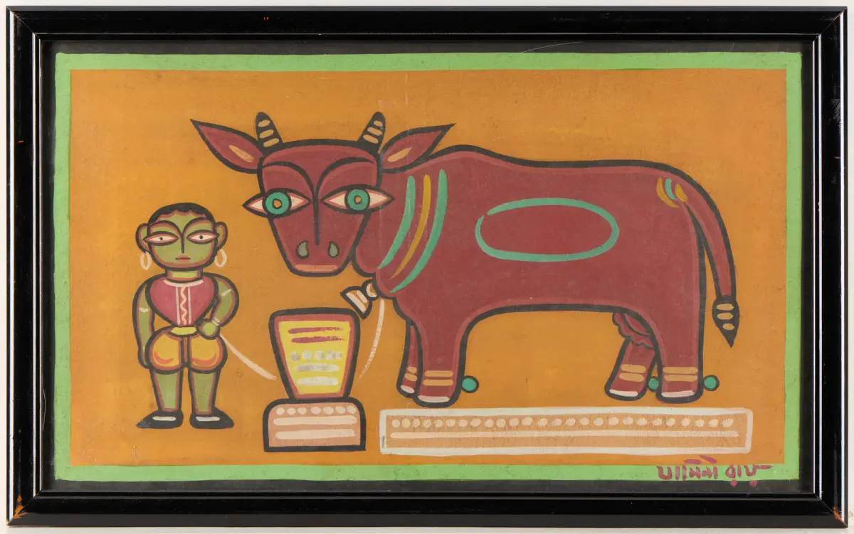 Attr. Jamini Roy Red Cow Tempera on Board Painting