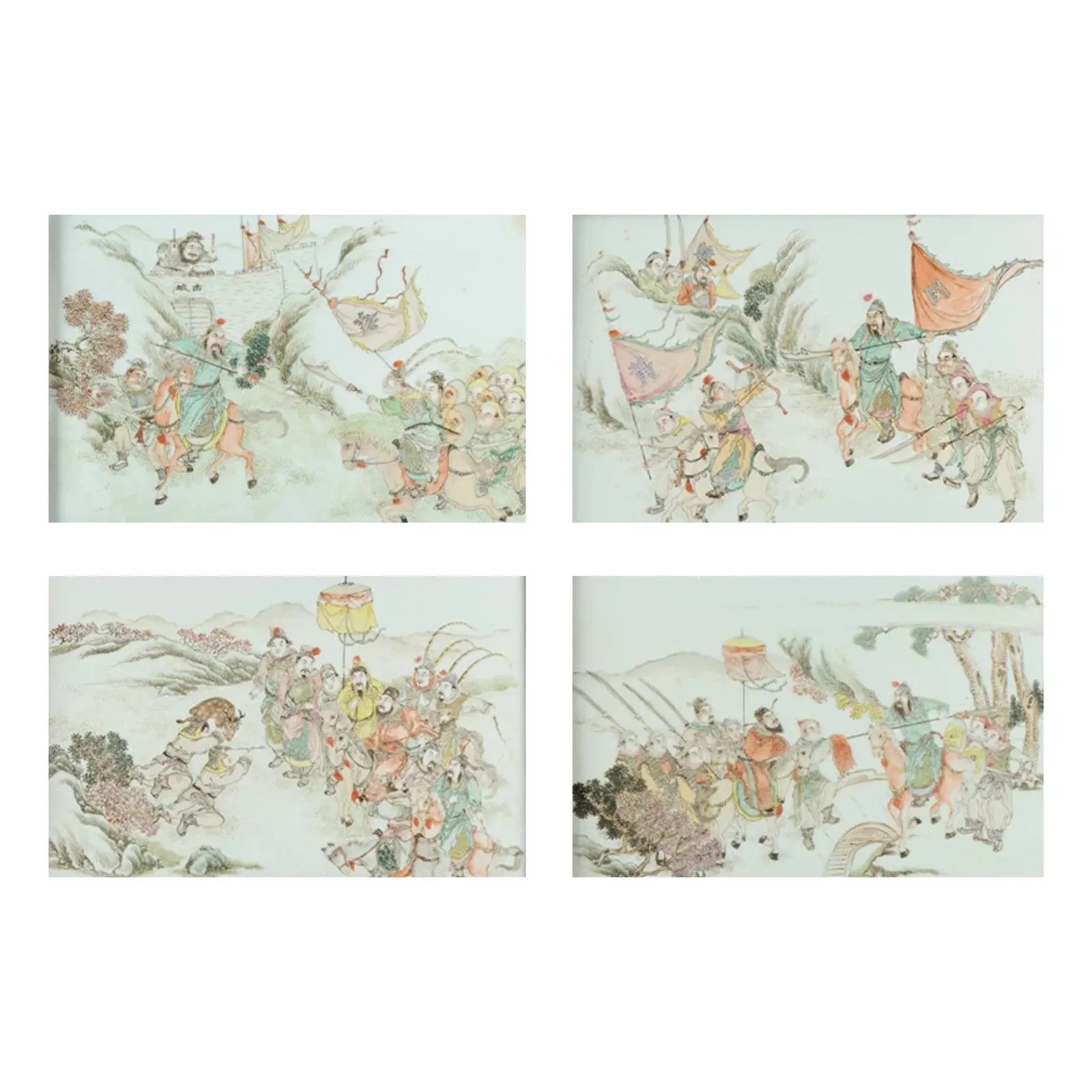4 Chinese Famille Rose Porcelain Battle Plaques