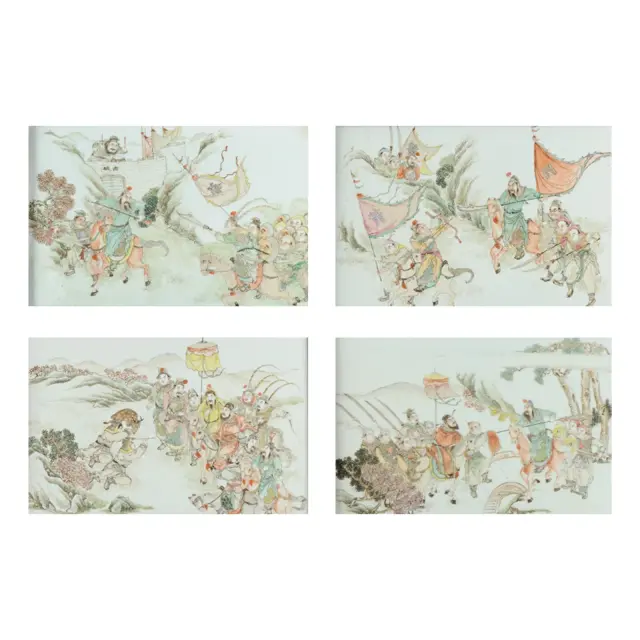 4 Chinese Famille Rose Porcelain Battle Plaques