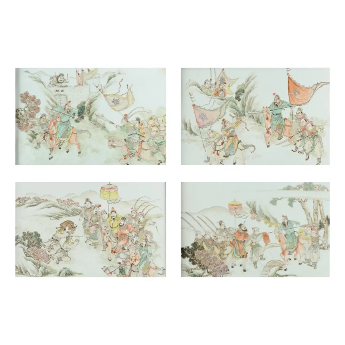 4 Chinese Famille Rose Porcelain Battle Plaques