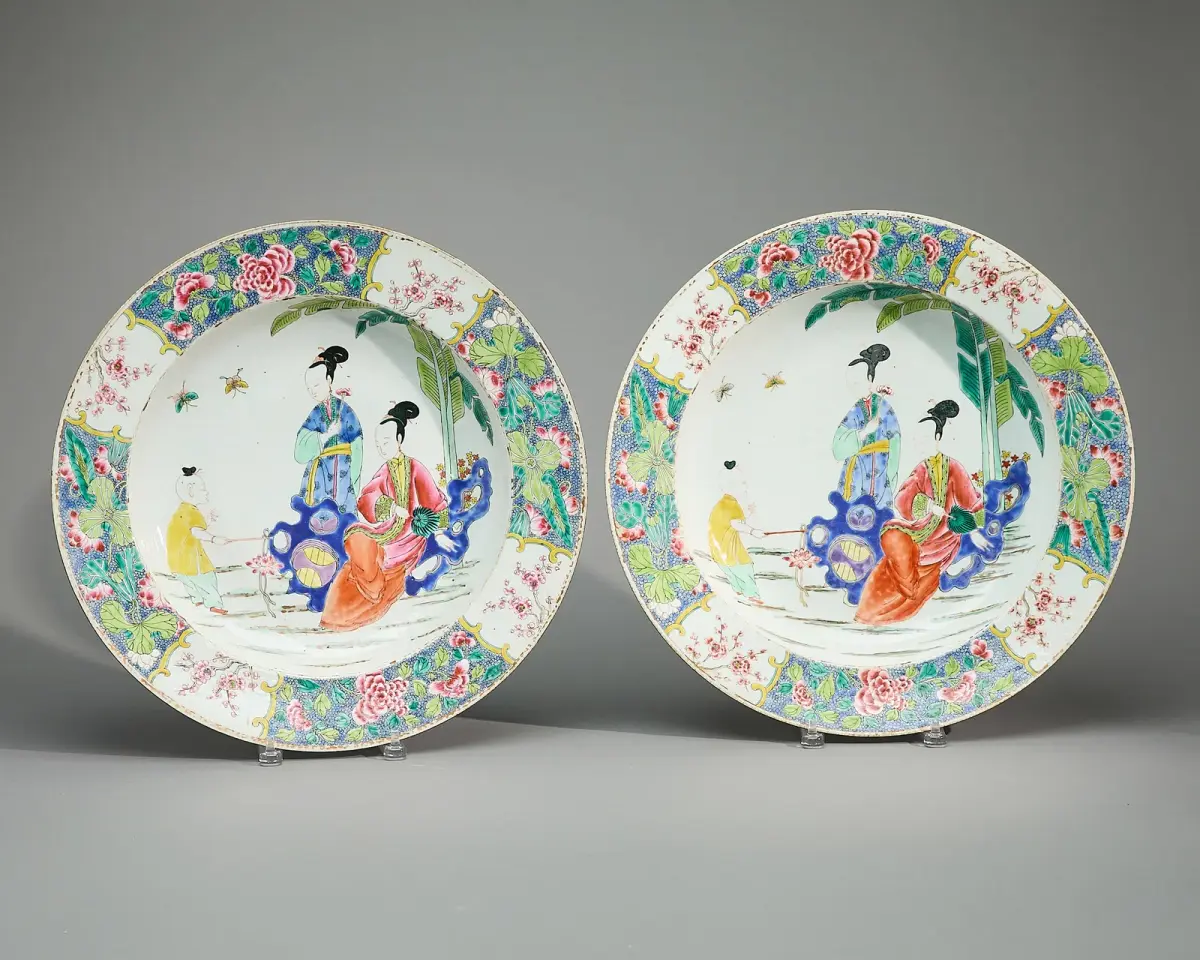 Large Pair Chinese Export Famille Rose Chargers