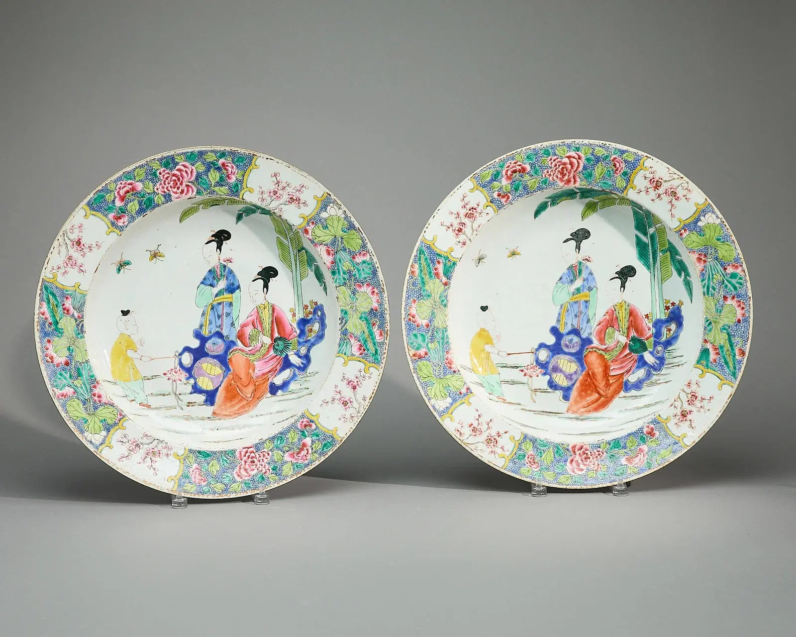 Large Pair Chinese Export Famille Rose Chargers