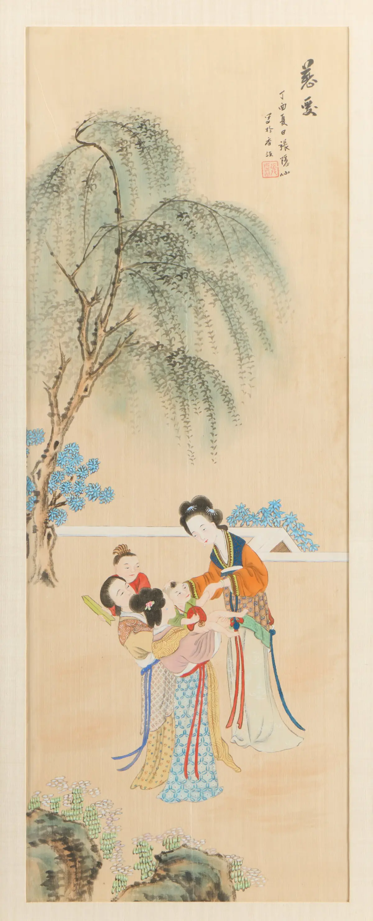 Chinese Figural Watercolor Silk Scroll Painting