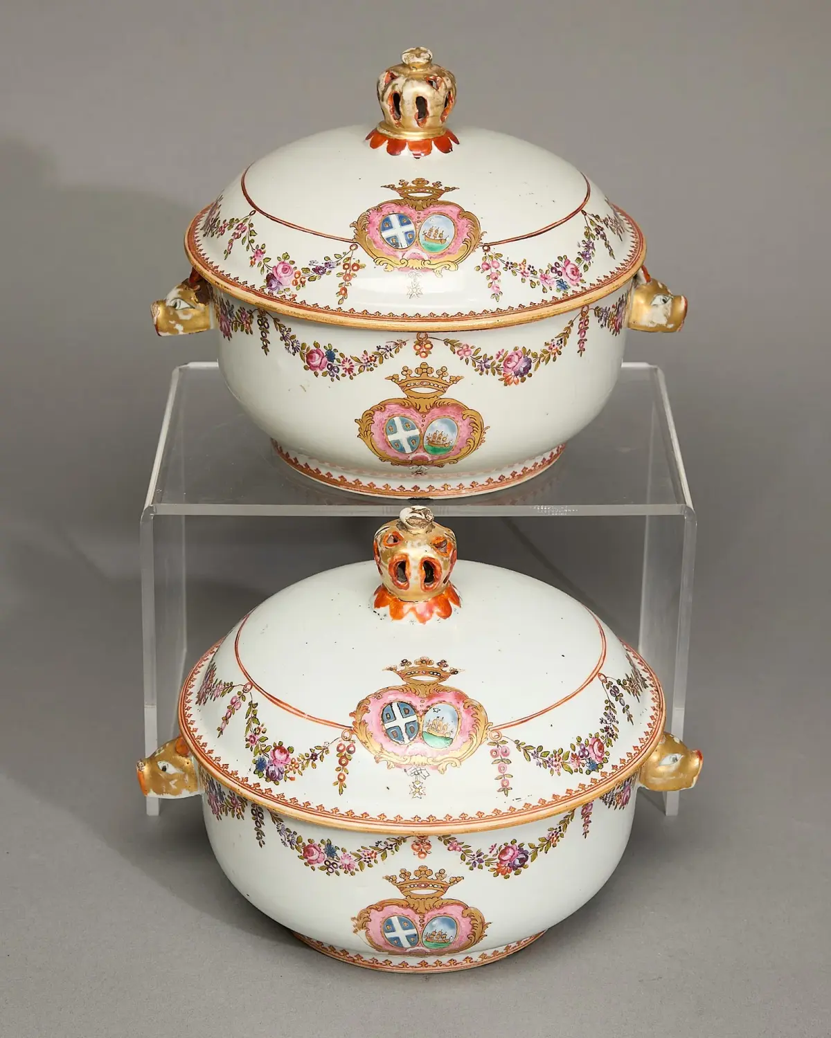 Pair Export Famille Rose Armorial Tureens