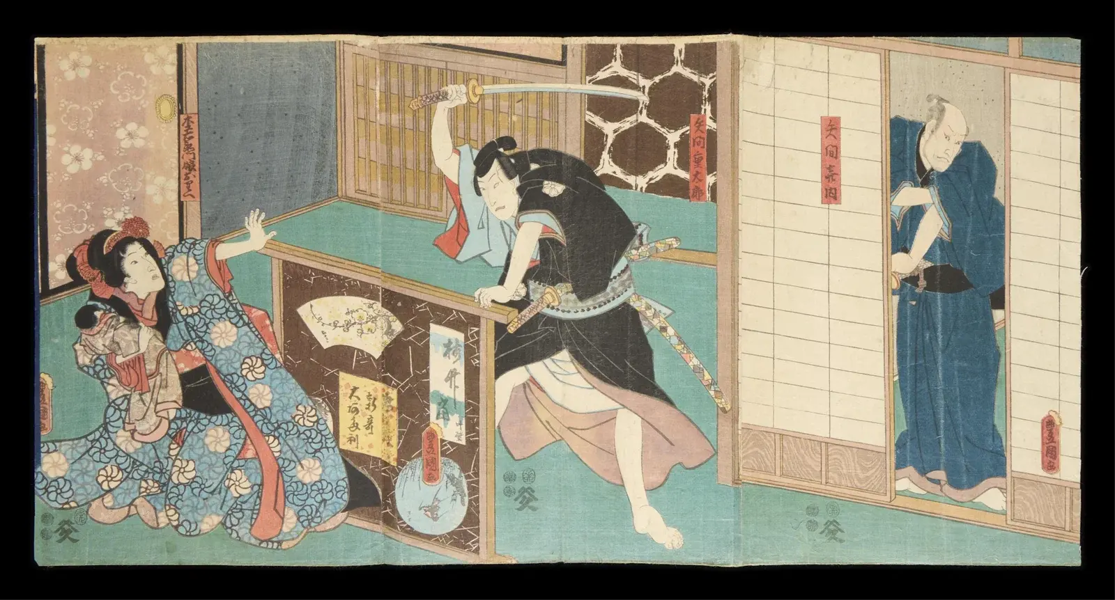 Kunisada/Toyokuni III Dramatic Woodblock Triptych