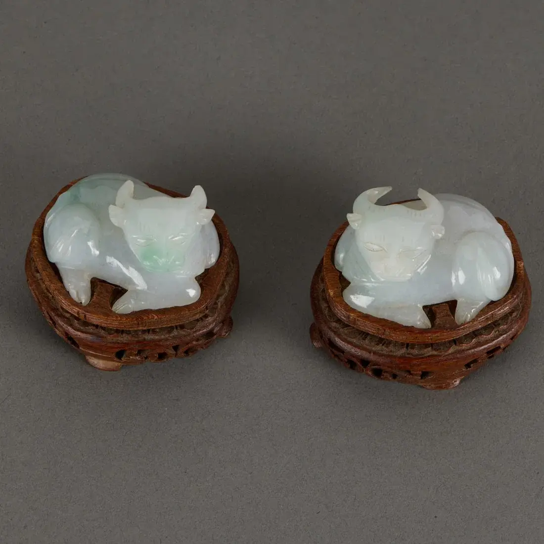 Pr Chinese Translucent White & Green Jadeite Oxen