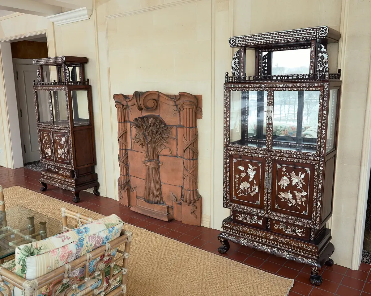 Pr Chinese Lacquered Hardwood & MoP Cabinets