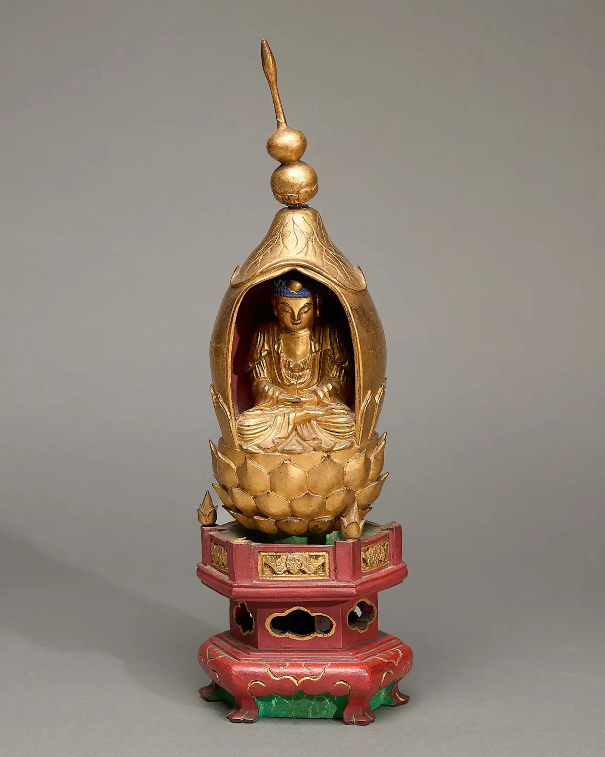 Chinese Buddhist Carved Giltwood Lotus Shrine