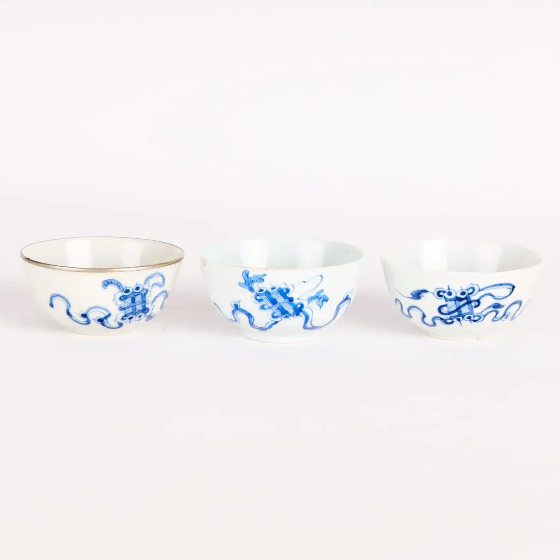 3 Chinese Bleu de Hue Porcelain "Niefu" Mark Bowls