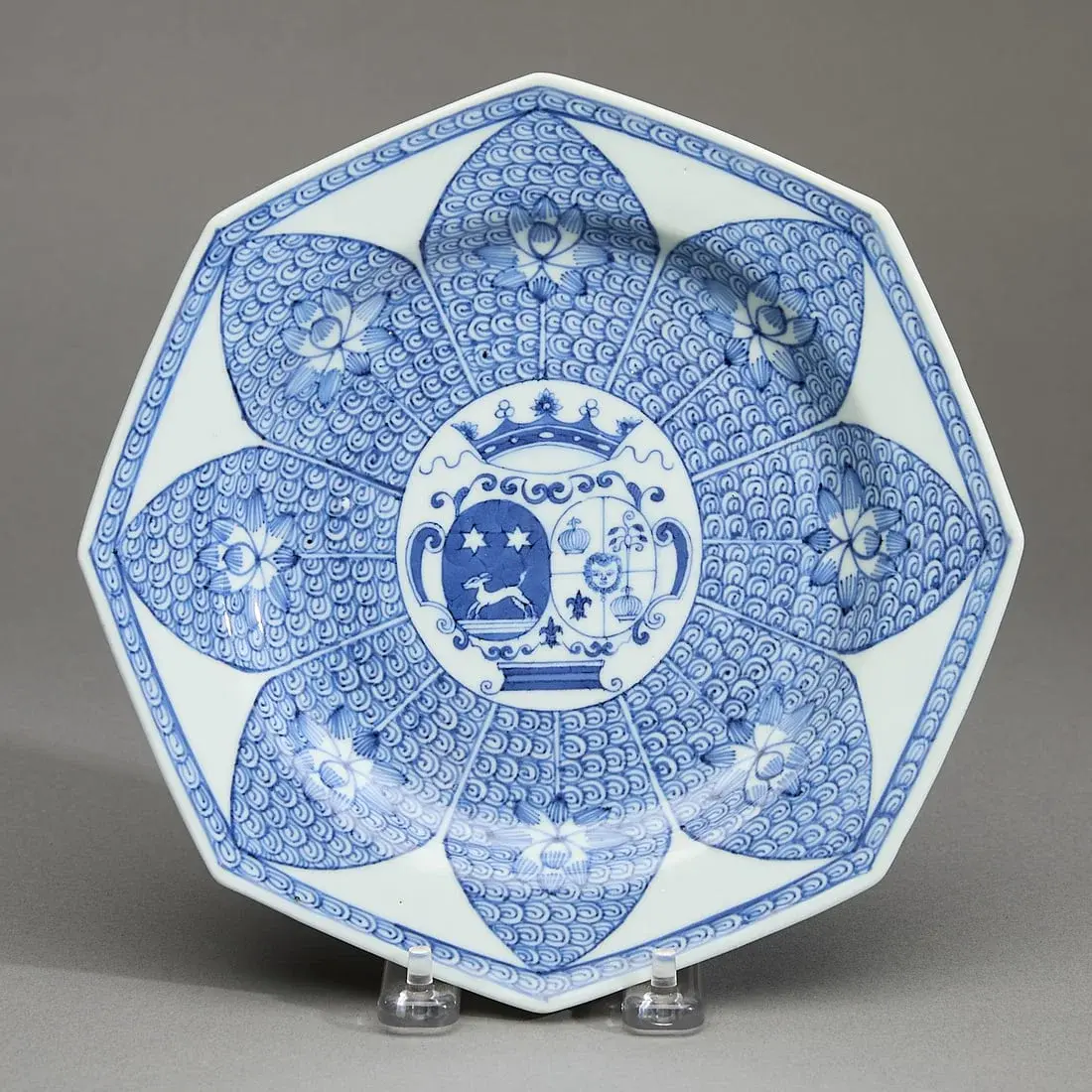 Blue & White Lotus Octagonal Armorial Plate