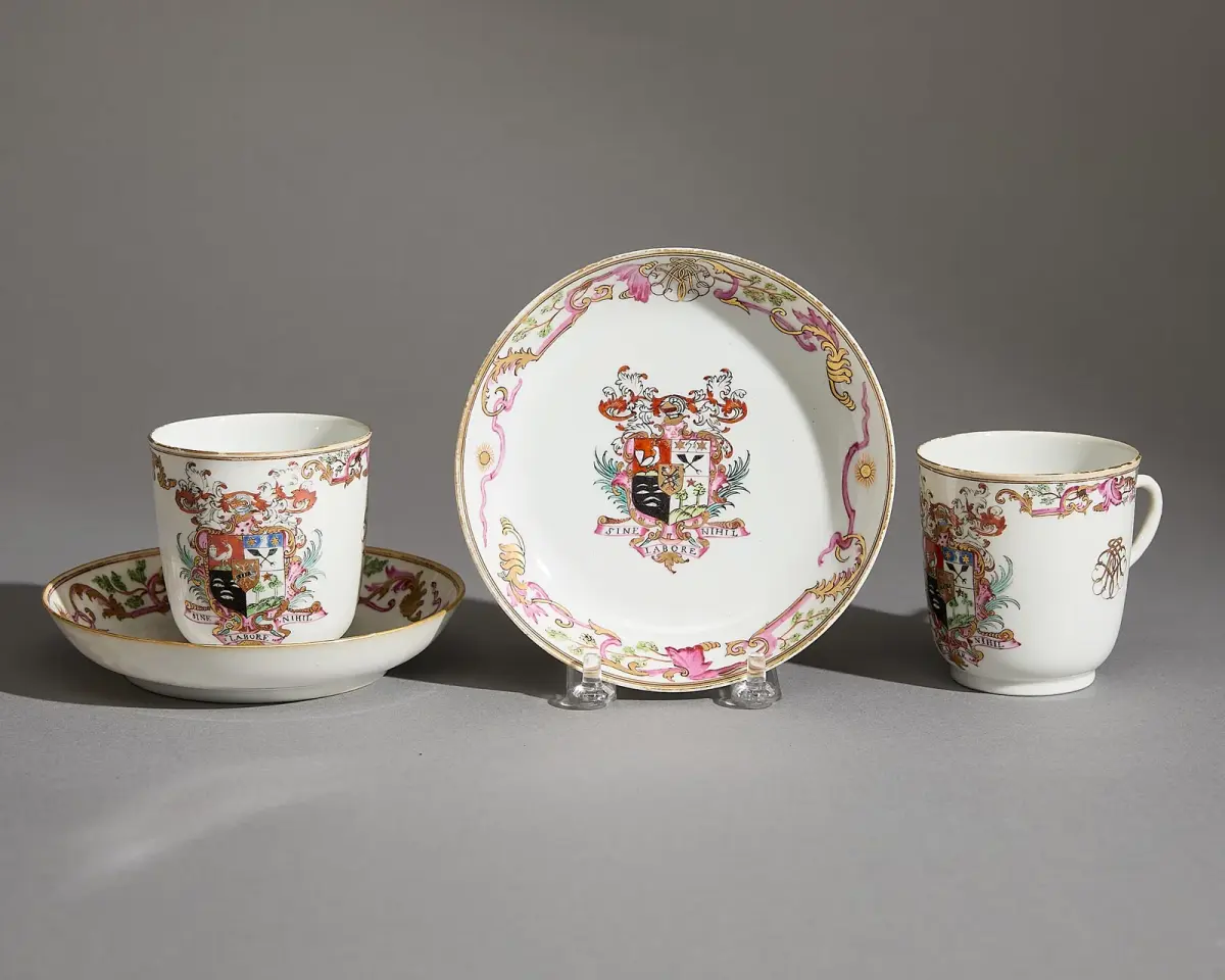 Pair Chinese Export French Armorial Cups & Saucers