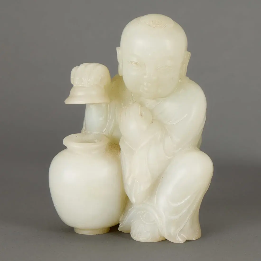 Chinese Finely Carved White Jade Boy & Jar Figure