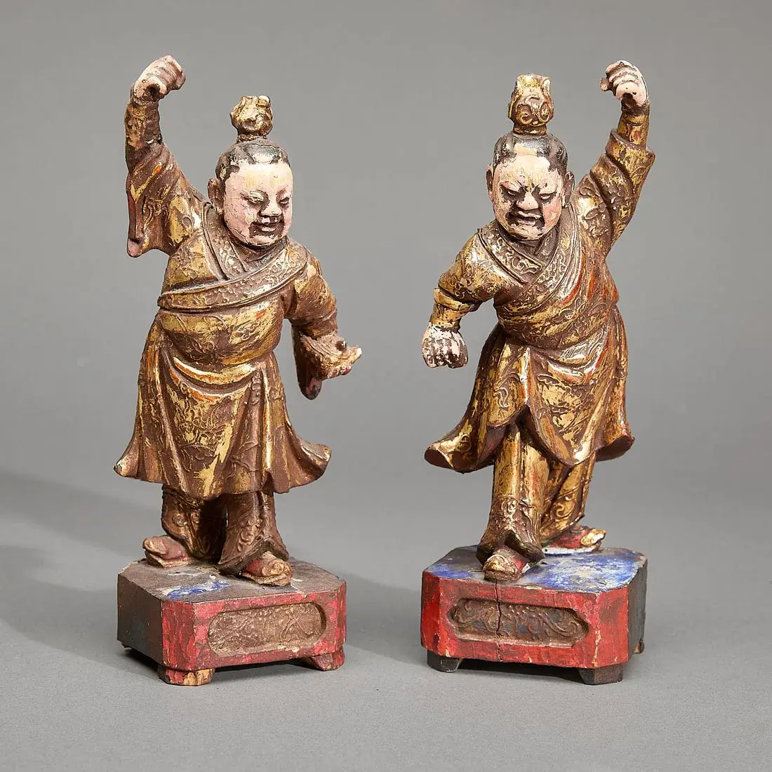 Pr Chinese Qing Carved Polychrome Shrine Figures