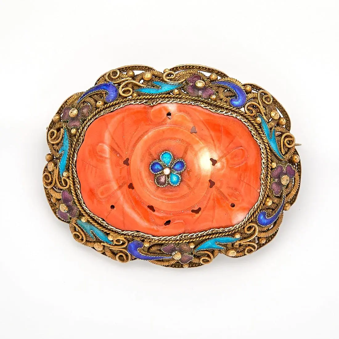 Chinese Export Gilt Silver Filigree & Coral Brooch