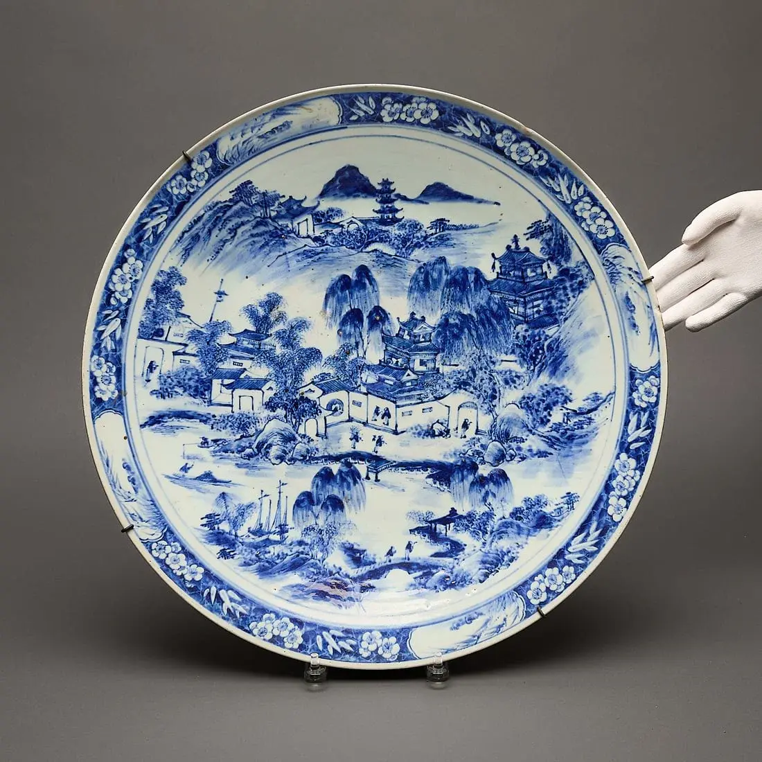 Chinese Qing B&W Porcelain Landscape Charger