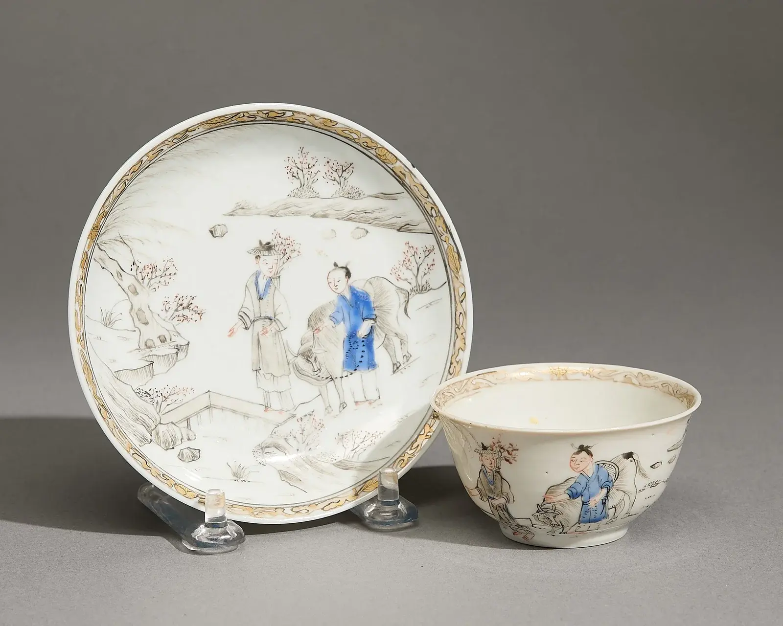 Sepia & Blue Rural Scene Teacup & Saucer