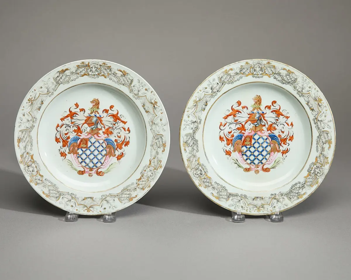 Pair Chinese Export Armorial Plates - Lowndes
