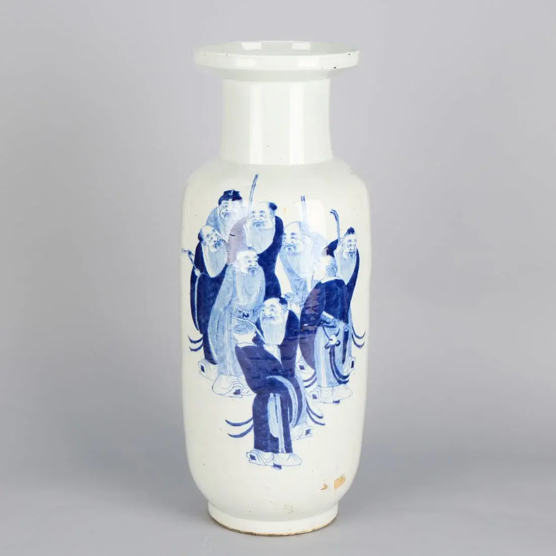 Lrg Chinese Qing Blue & White Ceramic Rouleau Vase