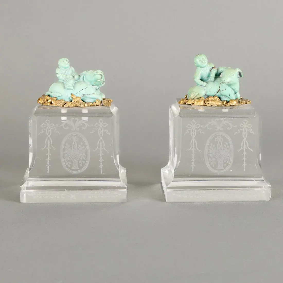 Pr Chinese Qing Turquoise & French Glass Bookends