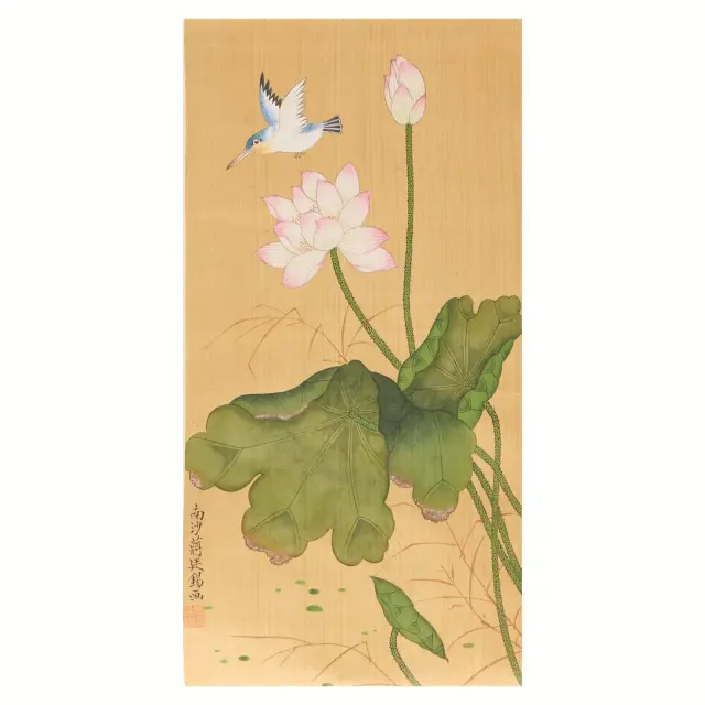 Japanese Bird & Lotus Ink Silk Scroll Painting