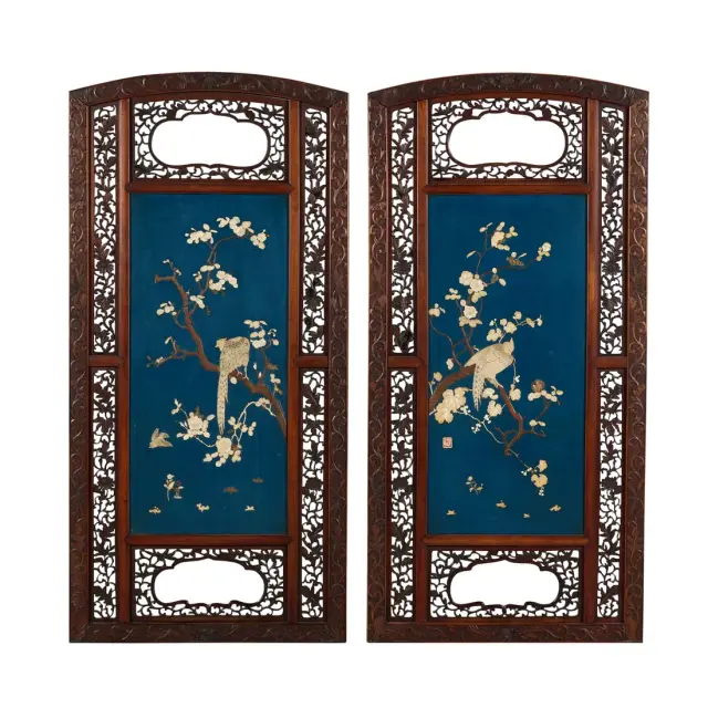 Pr Japanese Shimbayama Inlaid Hardwood Bird Panels